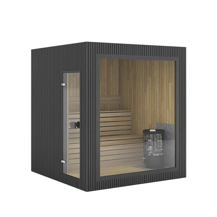 3D render of Jonas Classic sauna in black exterior finish with full glass front and side, displaying the interior bench and heater.