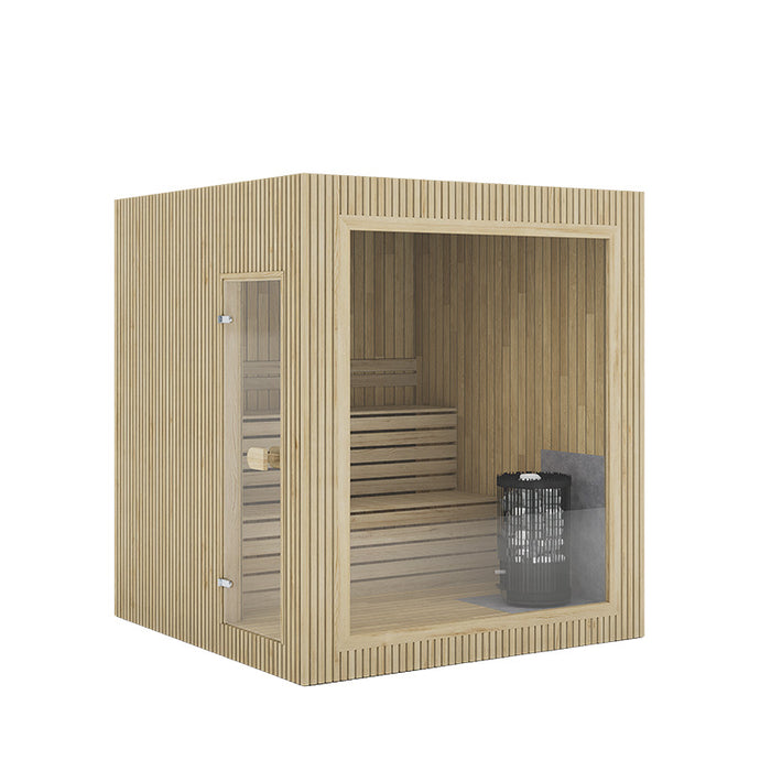 3D render of Jonas Classic sauna in natural wood finish with front and side glass panels, showcasing interior layout and heater.