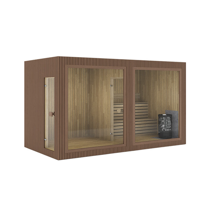 Rich brown-toned Jonas Grand 8–10 person sauna with panoramic glass panels and refined timber detail, blending warmth with luxury.