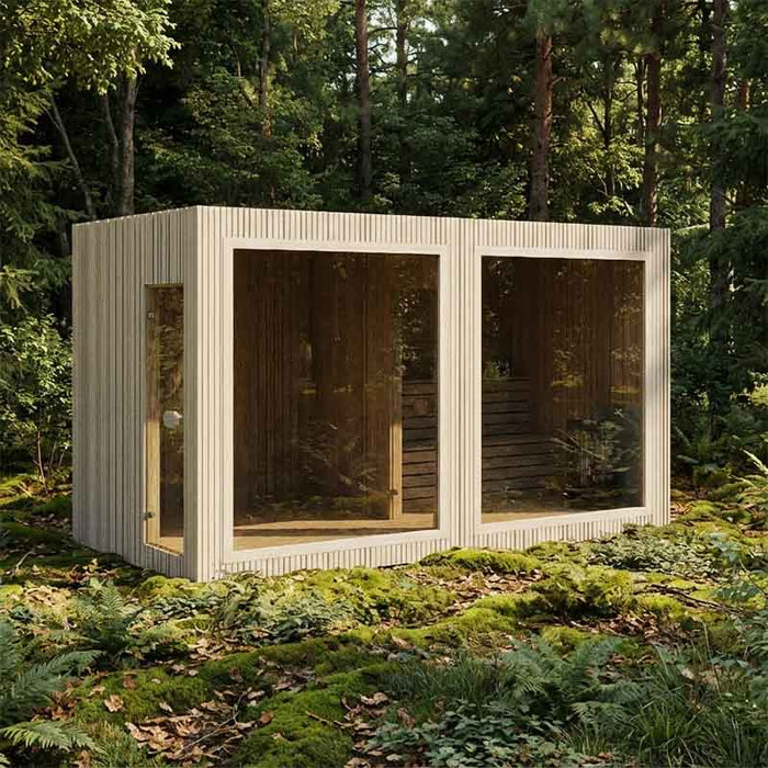 Natural wood Jonas Grand 8–10 person outdoor sauna nestled in a serene forest clearing, perfect for a secluded spa experience in nature.