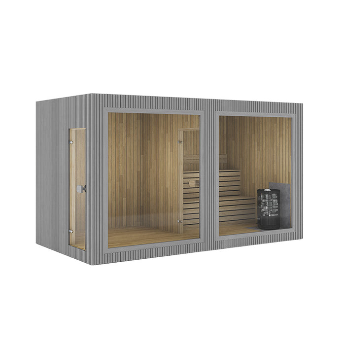 Sleek grey Jonas Grand 8–10 person sauna with modern lines, spacious layout, and a large glass façade for a high-end relaxation space.