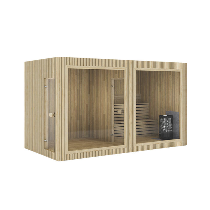 Minimalist Jonas Grand 8–10 person indoor sauna in light wood finish, showcasing clean Scandinavian design and glass-fronted elegance.