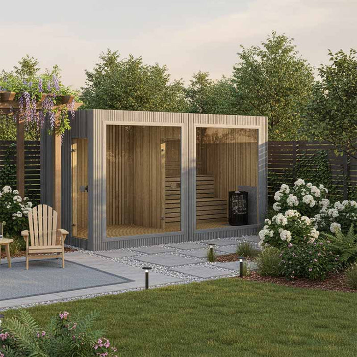 Spacious Jonas Grand 8–10 person outdoor lounge sauna set in a landscaped garden with timber chairs, blooming flowers, and a modern pergola – ideal for luxury wellness retreats.