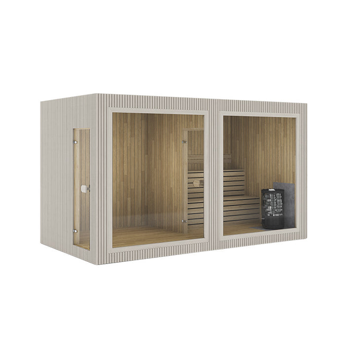 Elegant white Jonas Grand 8–10 person lounge sauna cabin with full-glass front and wooden interior, crafted for clean modern aesthetics.