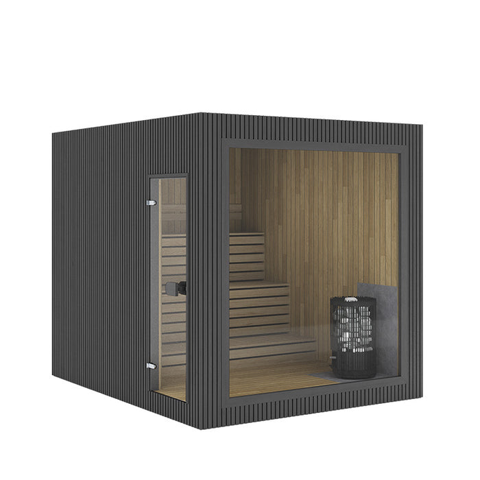 Visual rendering of the Jonas Grand 8-person outdoor sauna in a dark exterior finish, with visible interior benches and sauna heater.