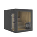 Visual rendering of the Jonas Grand 8-person outdoor sauna in a dark exterior finish, with visible interior benches and sauna heater.