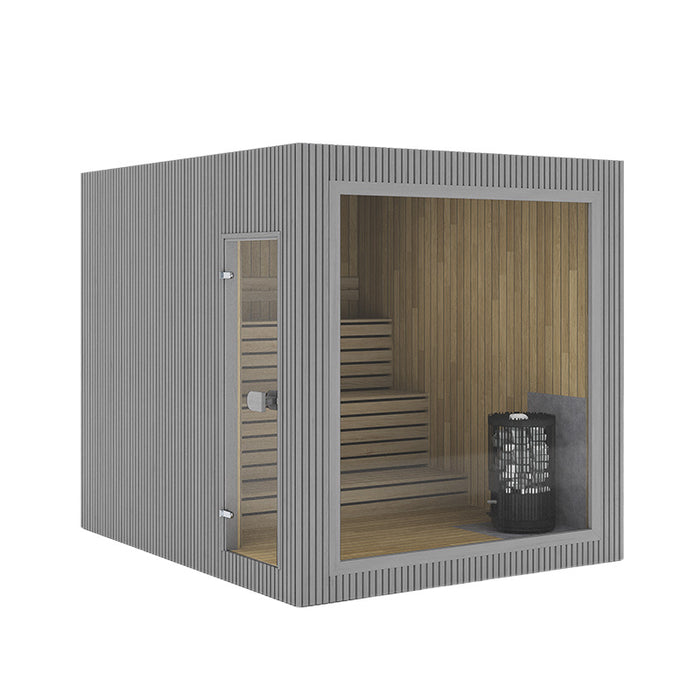 Jonas Grand 8-person sauna render in a sleek grey exterior, showcasing modern design with full glass frontage and internal Harvia heater.