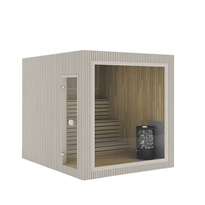 3D render of the Jonas Grand 8-person outdoor sauna in a light beige timber exterior, with large glass panels and interior Harvia heater.