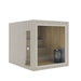 3D render of the Jonas Grand 8-person outdoor sauna in a light beige timber exterior, with large glass panels and interior Harvia heater.