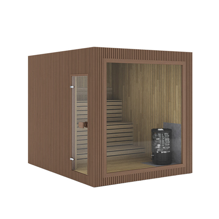 Rendered view of the Jonas Grand 8-person outdoor sauna in a medium brown wooden finish, featuring a glass front and built-in sauna heater.