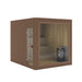 Rendered view of the Jonas Grand 8-person outdoor sauna in a medium brown wooden finish, featuring a glass front and built-in sauna heater.