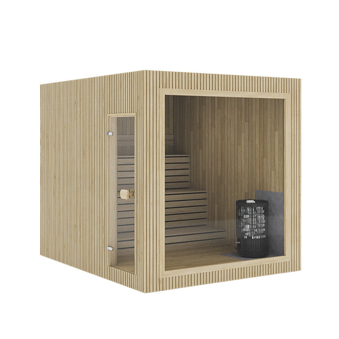 Rendered model of the Jonas Grand 8-person outdoor sauna in natural light wood finish, featuring interior bench seating and heater.