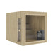 Rendered model of the Jonas Grand 8-person outdoor sauna in natural light wood finish, featuring interior bench seating and heater.