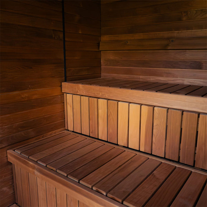 Timber bench layout inside the Jonas Grand 8-person sauna, showing tiered seating crafted from high-quality wood slats.