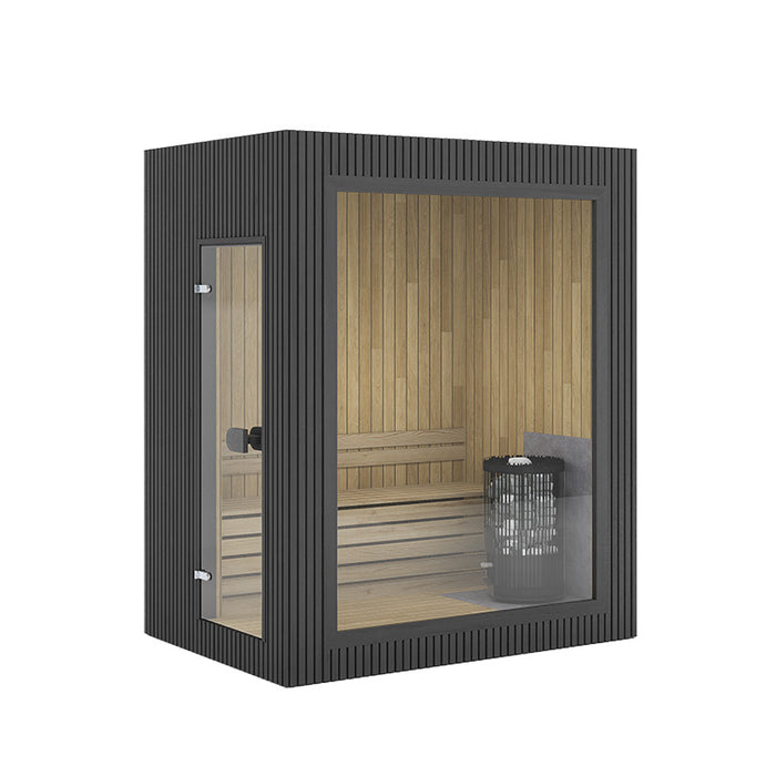 Black exterior Jonas Mini 3-person sauna design featuring large front glass window, modern wood paneling, and internal heater.