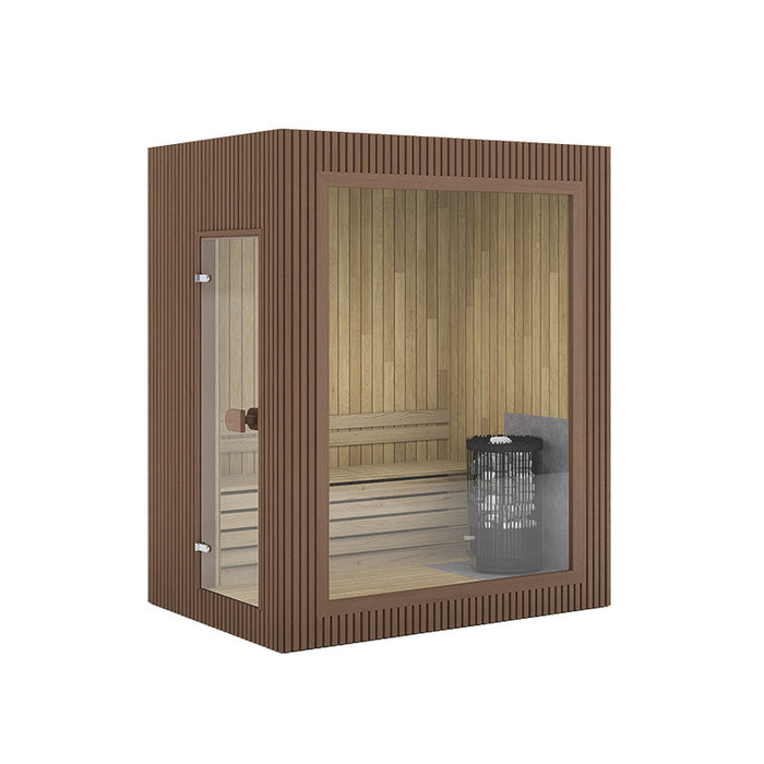 Rich brown Jonas Mini 3-person outdoor sauna with full glass panel door, warm wood slats, and powerful heater inside.