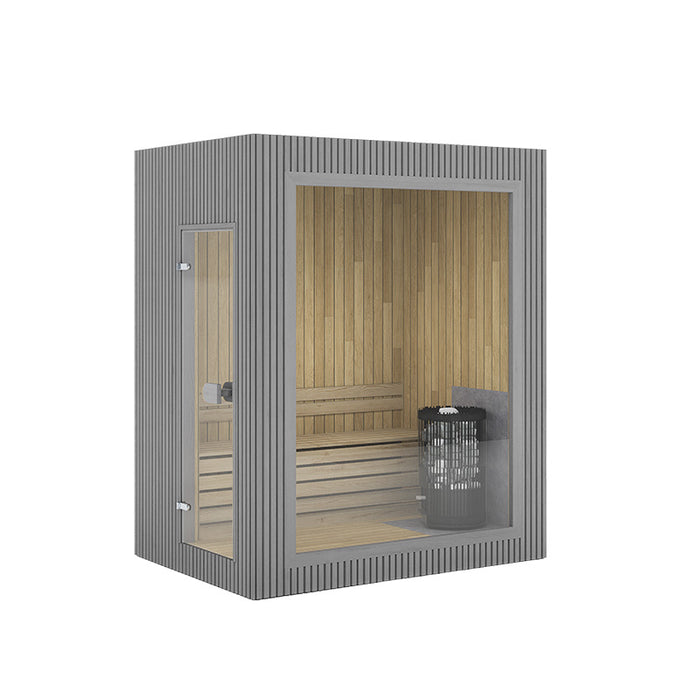 Grey Jonas Mini 3-person outdoor sauna with vertical timber cladding, transparent front, and premium heating unit inside.