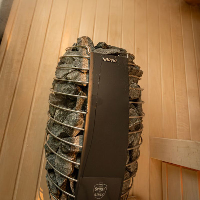 Harvia Spirit heater unit featured inside the Jonas Mini 3-person outdoor sauna, showcasing premium heating technology and design.