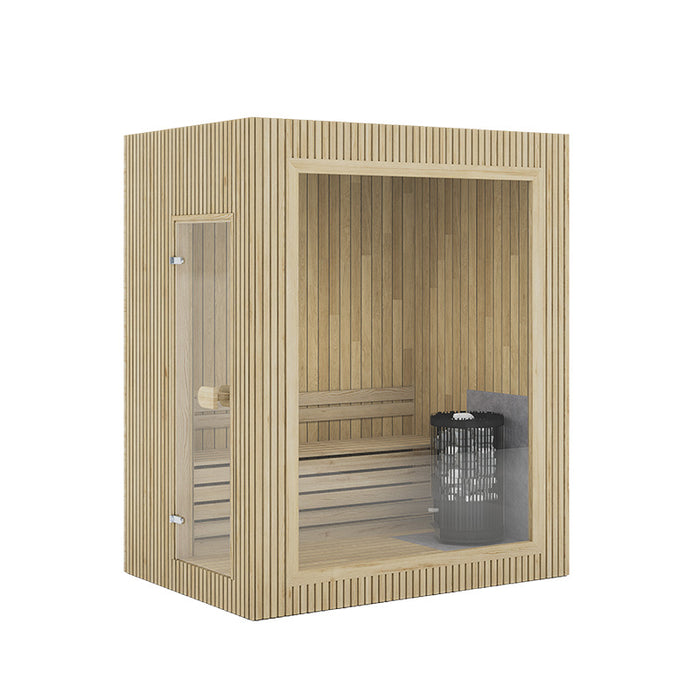 Light timber Jonas Mini 3-person outdoor sauna with front glass panel and Harvia heater, presented against a clean white background.