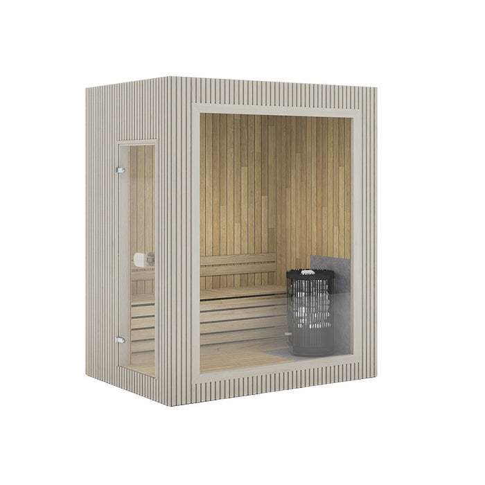 Jonas Mini 3-person outdoor sauna in sleek white timber finish, complete with full glass front and internal Harvia heater.