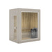 Jonas Mini 3-person outdoor sauna in sleek white timber finish, complete with full glass front and internal Harvia heater.