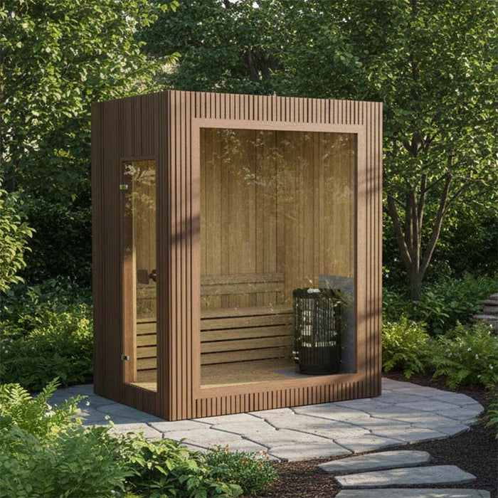 Wooden Jonas Mini 3-person outdoor sauna placed in a lush green garden, blending seamlessly with nature for a peaceful escape.
