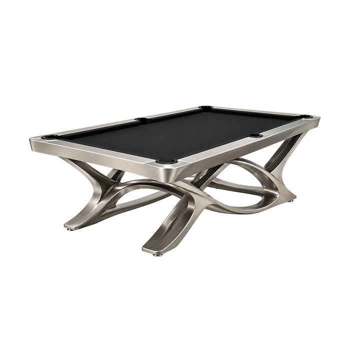 Angled view of the Koralturk Aristo Pool Table showcasing black cloth, six pockets and an elegant sculptural metal base.