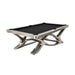 Angled view of the Koralturk Aristo Pool Table showcasing black cloth, six pockets and an elegant sculptural metal base.