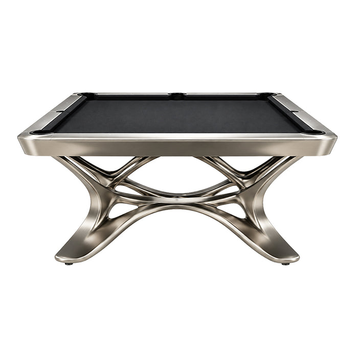 Front view of the Koralturk Aristo Pool Table with black cloth, metallic rails and distinctive curved sculptural base.
