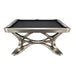 Front view of the Koralturk Aristo Pool Table with black cloth, metallic rails and distinctive curved sculptural base.