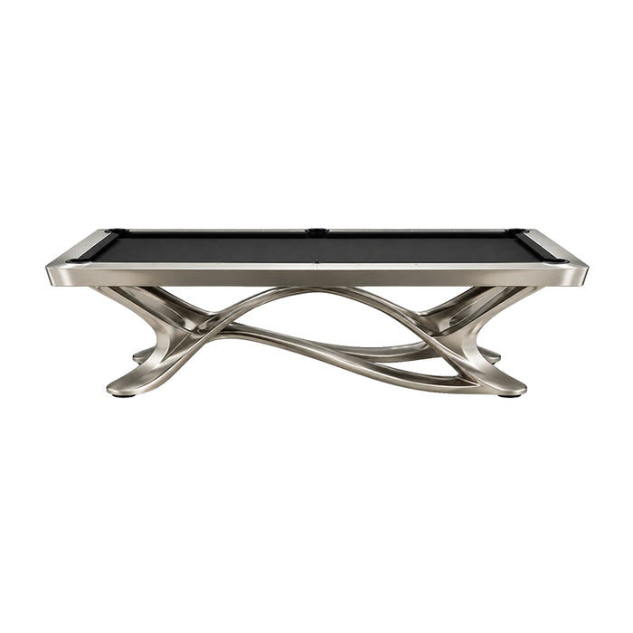 Side view of the Koralturk Aristo luxury pool table with black playing cloth and flowing sculptural metal frame.