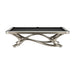Side view of the Koralturk Aristo luxury pool table with black playing cloth and flowing sculptural metal frame.