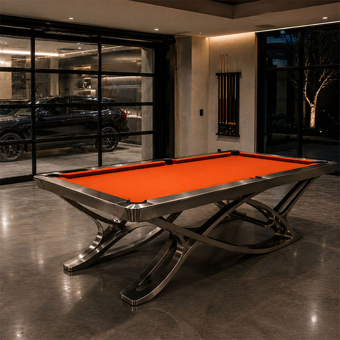 Koralturk Aristo Pool Table featuring vibrant orange cloth and a contemporary metal frame in a modern games room.