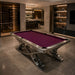 Koralturk Aristo Pool Table with rich purple cloth and polished sculptural frame in a luxury home games room.