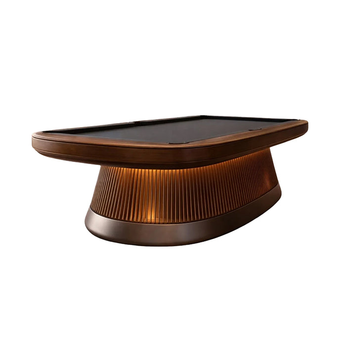Angled view of the Koralturk Atlantis Gyroscopic Pool Table featuring a dark playing bed, rounded timber rails and illuminated fluted base.
