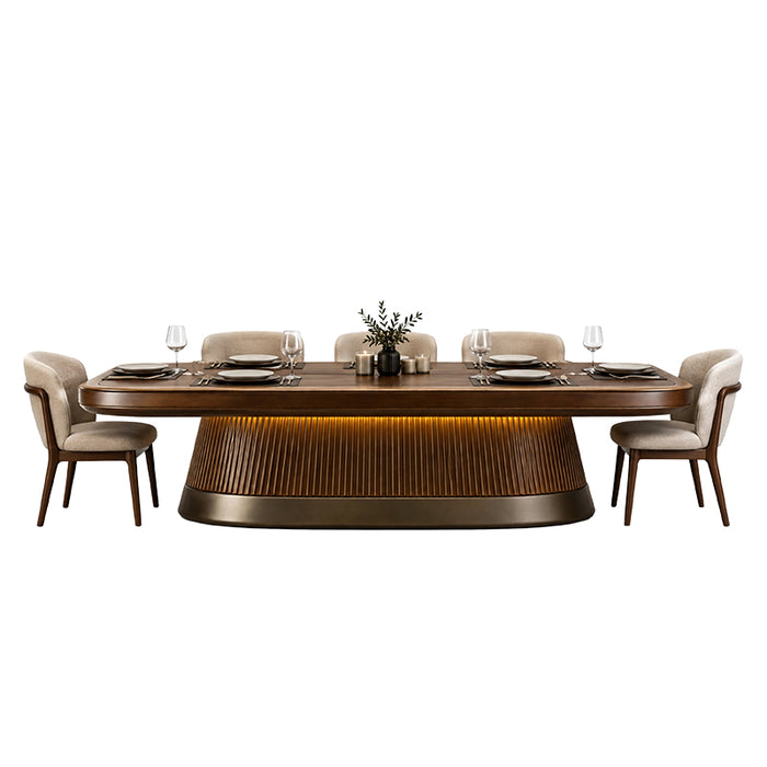 Koralturk Atlantis Gyroscopic Pool Table converted into an elegant luxury dining table with timber top, seating and place settings.