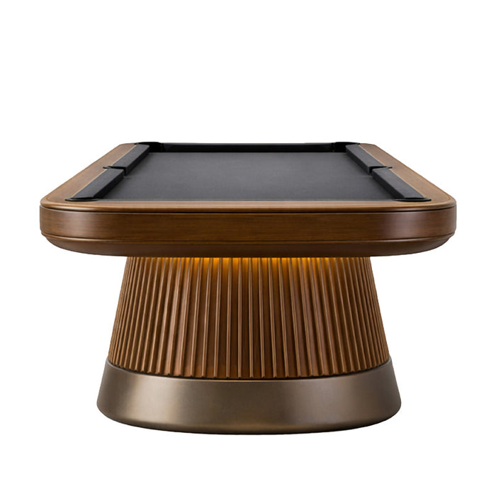 Front view of the Koralturk Atlantis Gyroscopic Pool Table featuring a black playing surface, curved timber frame and illuminated ribbed base.
