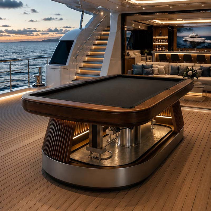 Koralturk Atlantis Gyroscopic Pool Table with premium timber finish positioned on a luxury yacht deck beside the lounge.