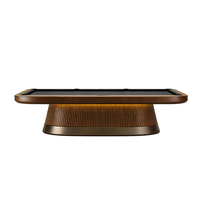 Side view of the Koralturk Atlantis Gyroscopic Pool Table showcasing its sleek timber frame and illuminated sculptural pedestal base.