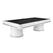 Angled product view of the Koralturk Elit Pool Table with black cloth, sleek white frame and fluted cylindrical pedestal bases.