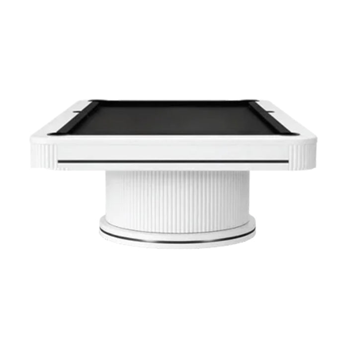 End view of the Koralturk Elit Pool Table featuring black playing cloth, a streamlined white frame and fluted pedestal base.