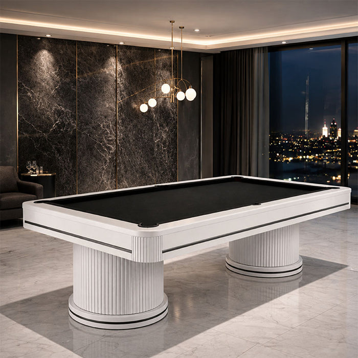 Front view of the Koralturk Elit Pool Table featuring black playing cloth, white frame and distinctive ribbed pedestal bases.