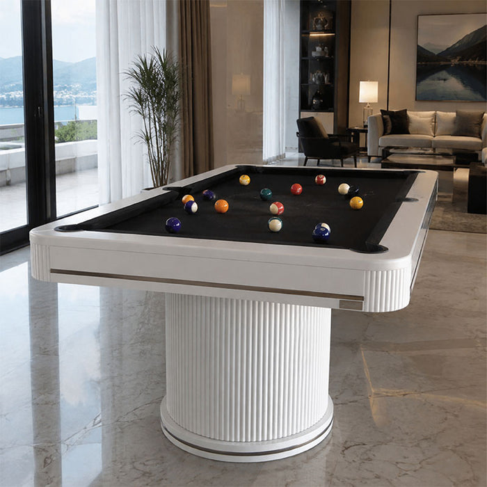Koralturk Elit Pool Table with white ribbed pedestal bases, black playing cloth and billiard balls in a luxury living room.