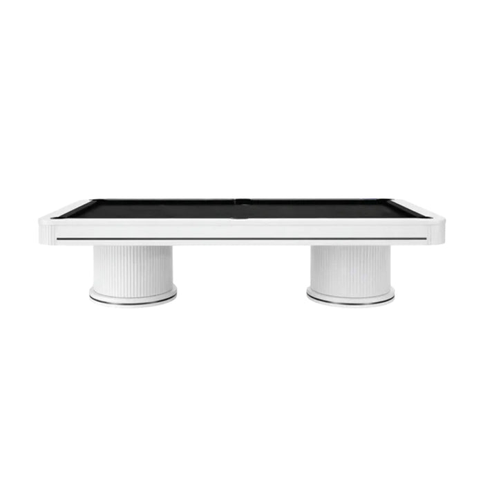 Side product view of the Koralturk Elit billiards table showcasing black cloth, white rails and two ribbed pedestal bases.