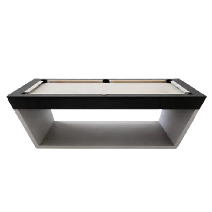 Koralturk Kaplankaya Pool Table product view with white playing cloth, black rails and an open geometric silver base.