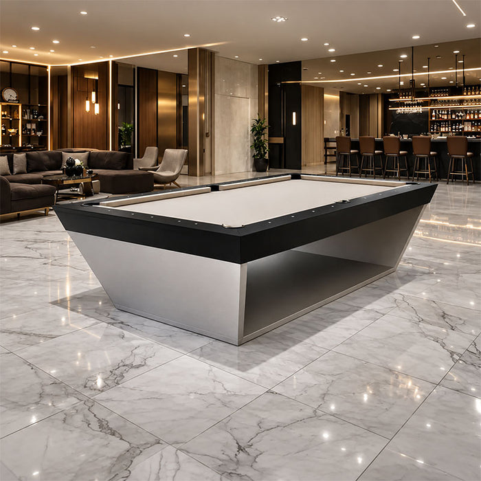Koralturk Kaplankaya luxury pool table with white cloth, black rails and silver geometric base displayed in an elegant marble interior.