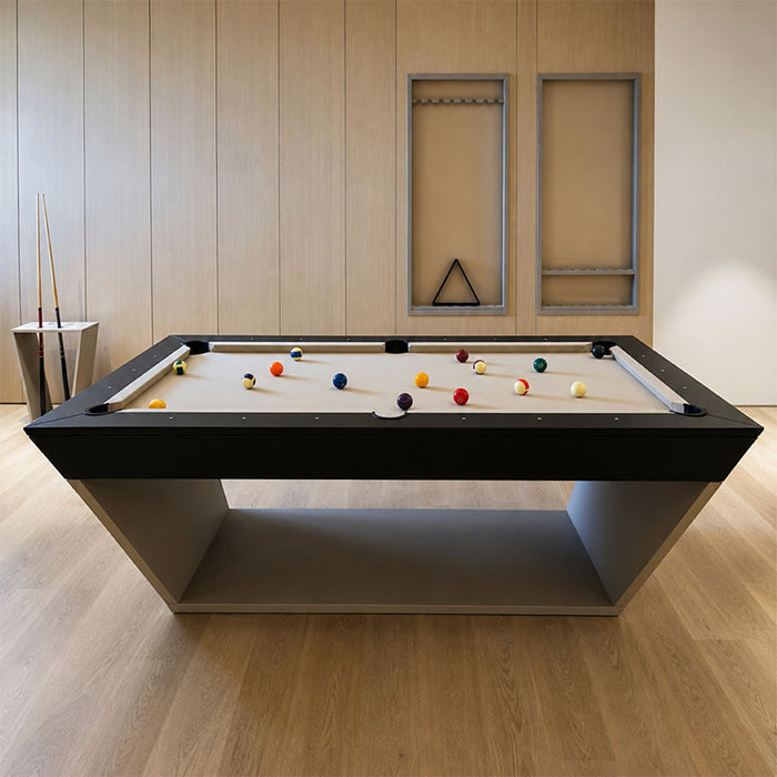 Front view of the Koralturk Kaplankaya luxury pool table featuring white playing cloth, black rails and a geometric silver base.