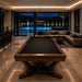 Front view of the Koralturk Legnora Pool Table featuring black playing cloth, curved wooden legs and distinctive Koralturk branding.