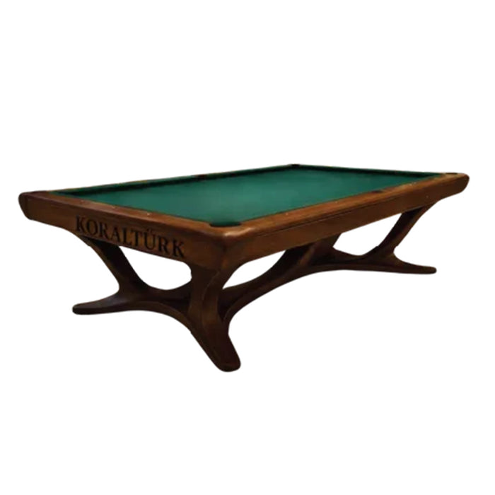 Angled product view of the Koralturk Legnora Pool Table with green cloth, solid wooden rails and sculptural curved legs.