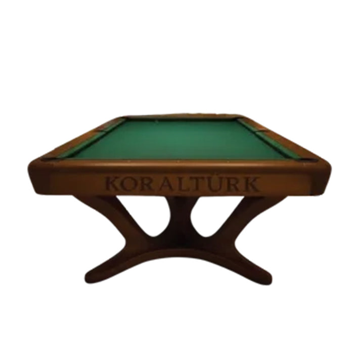 End view of the Koralturk Legnora Pool Table featuring green playing cloth, Koralturk branding and curved wooden legs.